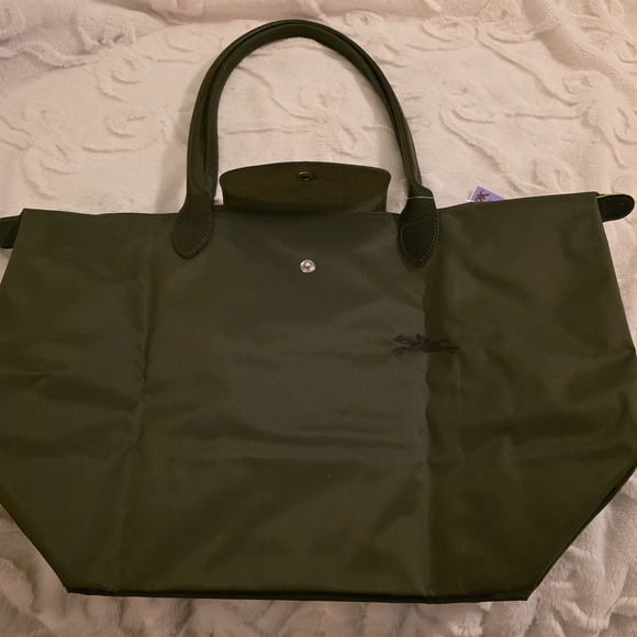 Longchamp Top Handle Bag LE PLIAGE Nylon/Leather Foldable L Size Green - Picture 1 of 10